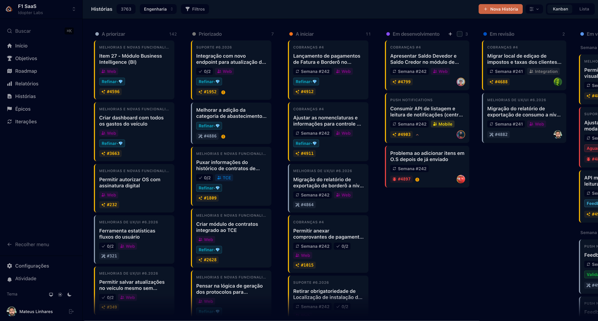 Ocara — quadro kanban em modo escuro